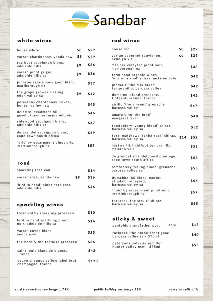 Sandbar Menu Sandbar Huskisson Beach