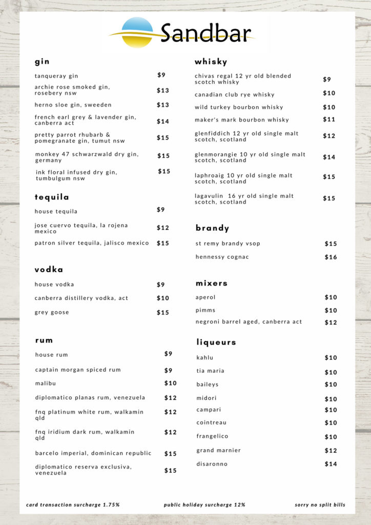 Sandbar Menu Sandbar Huskisson Beach